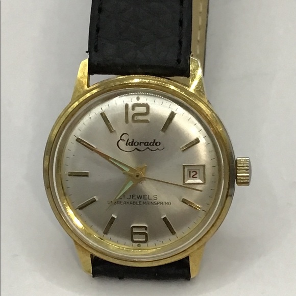 VINTAGE ELDORADO Mens 21 Jewels 36MM Unbreakable Mainspring Black Leather  Band